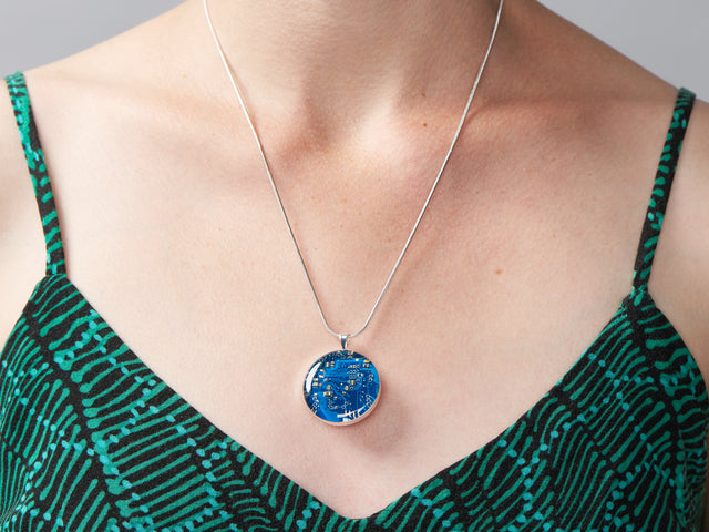 Blue Circuit Board Pendant Necklace with Silver Chain
