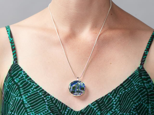 Blue Circuit Board Pendant Necklace with Silver Chain