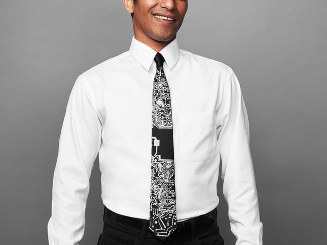 Circuit board necktie "Resistor" - Black with silver ink, narrow