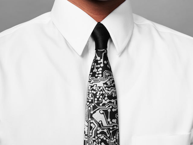 Circuit board necktie "Resistor" - Black with silver ink, narrow